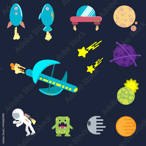Vector cosmic set: spaceship, planets, alien and astronaut. For games. Flat design