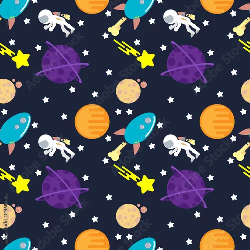 Obraz Jednolity wzór kosmiczny z rakiety, astronautów, planet i gwiazd. Płaska konstrukcja.