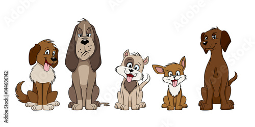 Illustration of five funny cartoon dogs