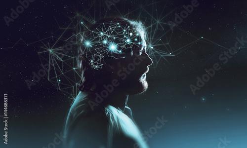 Profile of bearded man with symbol neurons in brain. Thinking like stars, the cosmos inside human, background night sky photo