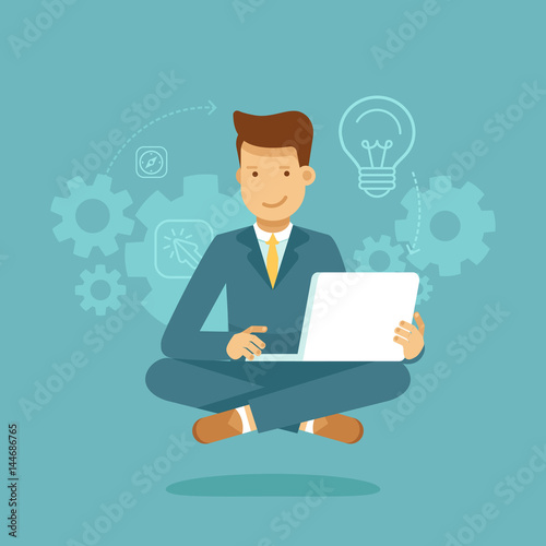 Man sitting in lotus pose with laptop - freelance or outsource worker