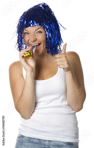 happy girl with blue wig showing the thumb
