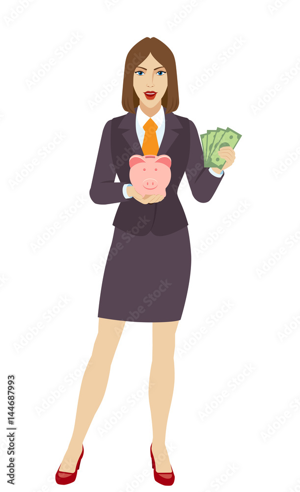 Businesswoman holding a piggy bank and showing cash money Businesswoman holding a piggy bank and showing cash money