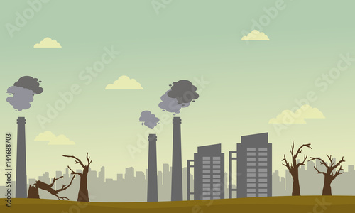 Tree on fire with pollution industry landscape