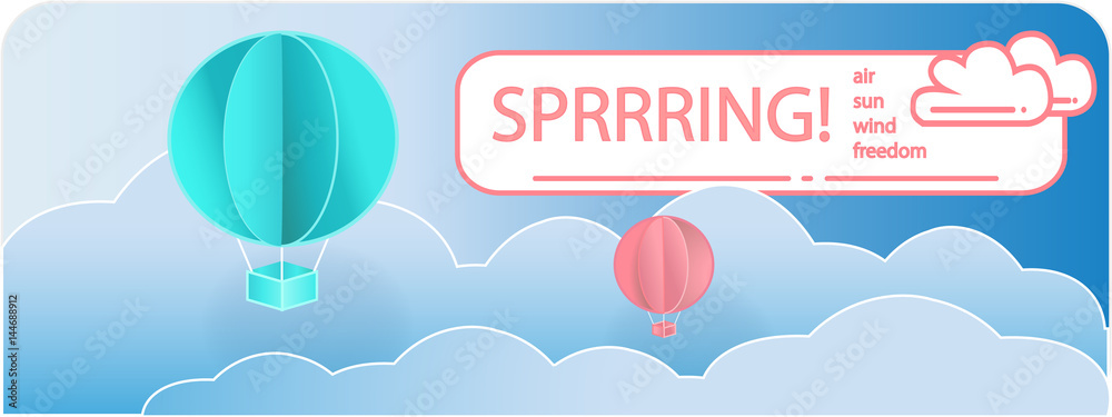 Fototapeta premium Paper art of balloons, paper art idea, vector art and illustration. Balloons with clouds and banner for your text. Concept of freedom and sommer day, origami made hot air balloon flying on blue sky.