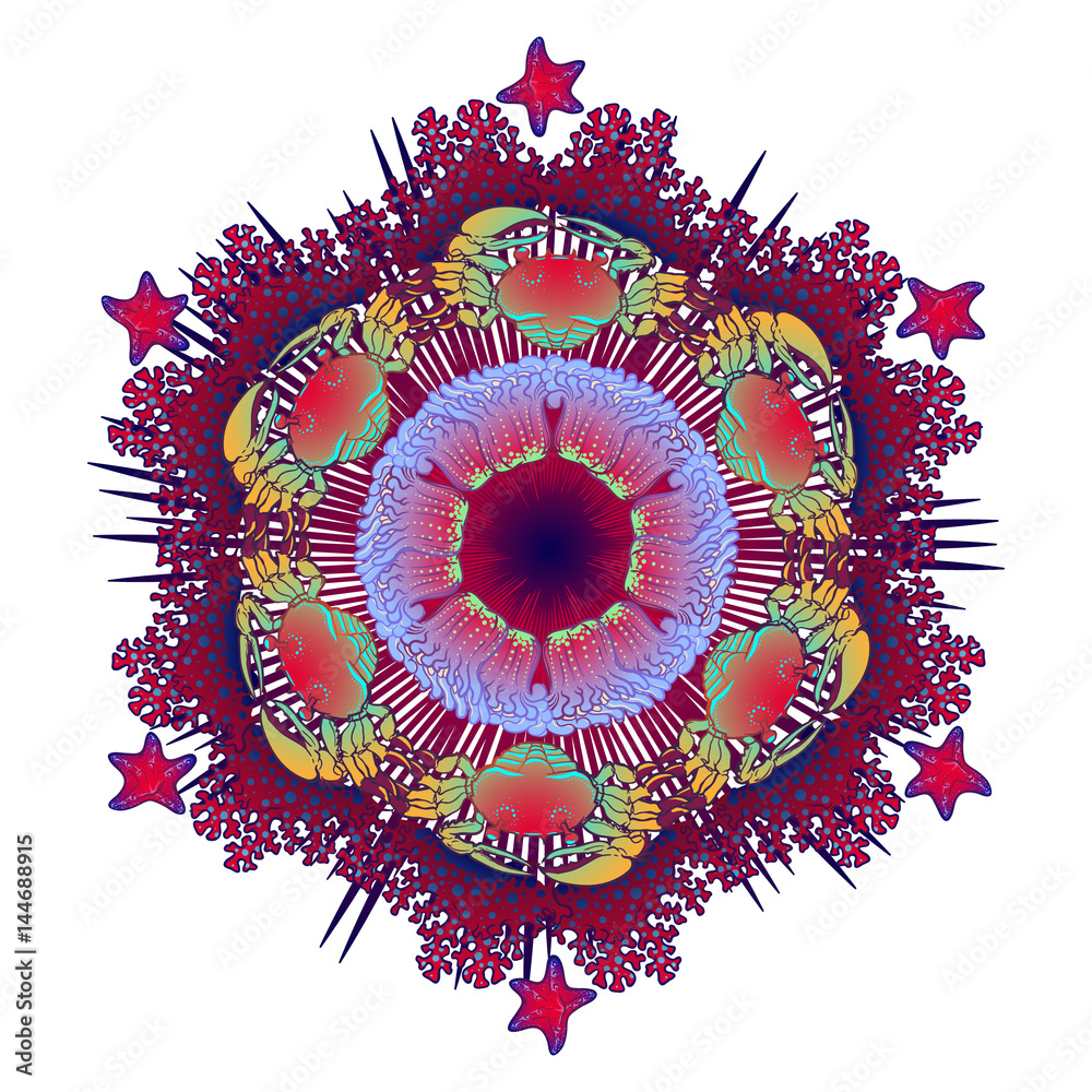 Obraz premium Hexagonal ornament with crabs, starfish and actinia in Art Nouveau style. Intricate composition, bright colours. Mandala tatoo. Textile print. EPS10 vector illustration.