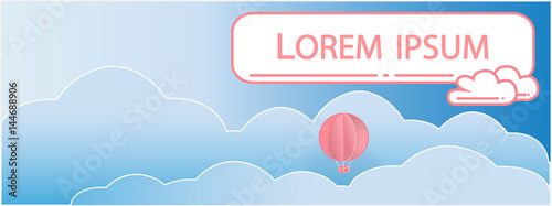 Paper art of balloons,  paper art idea, vector art and illustration. Balloons with clouds and banner for your text. Concept of freedom and sommer day, origami made hot air balloon flying on blue sky.