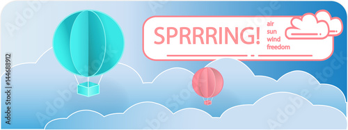 Paper art of balloons,  paper art idea, vector art and illustration. Balloons with clouds and banner for your text. Concept of freedom and sommer day, origami made hot air balloon flying on blue sky.