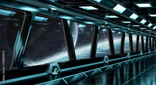 Spaceship corridor with view on distant planets system 3D rendering elements of this image furnished by NASA
