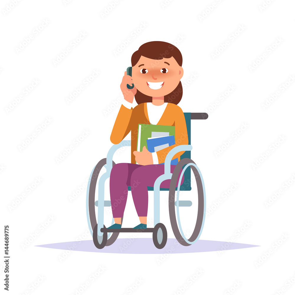 Vector illustration of disabled kid girl student in child wheelchair with textbook and gadget isolated. Cartoon style Vector illustration of disabled kid girl student in child wheelchair with textbook and gadget isolated. Cartoon style