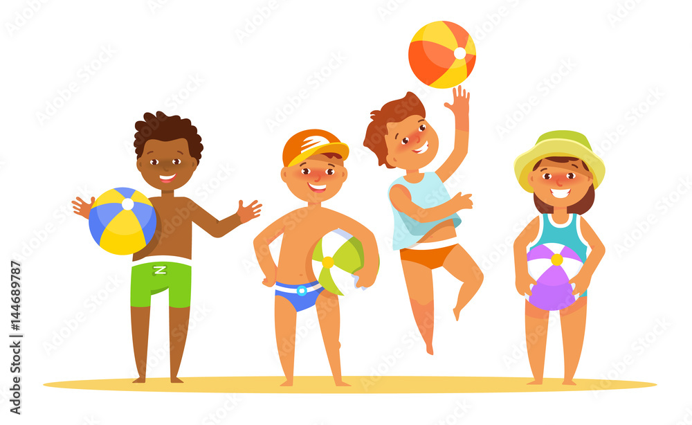 Set summer kids with the ball in their hands stand various poses. Vector  illustration in cartoon style child beach suit clothes isolated Stock  Vector | Adobe Stock