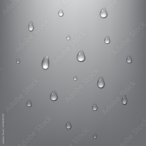 Vector realistic transparent water drops on grey backdrop. Shiny raindrops. Applicable for any backgrounds. Eps 10