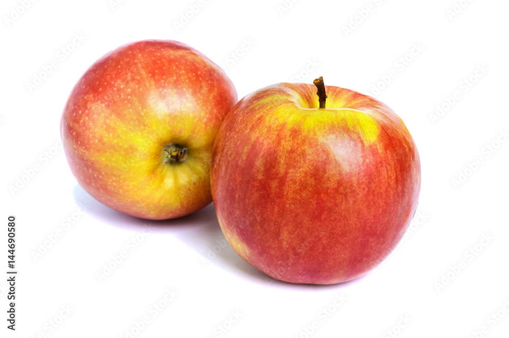 Two ripe ruddy red-yellow apple isolated on white background. Two ripe ruddy red-yellow apple isolated on white background.