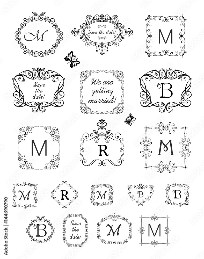 Collection of beautiful frames and vignette for wedding design, menu card, restaurant, cafe, hotel, jewellery store, logo templates, monogram