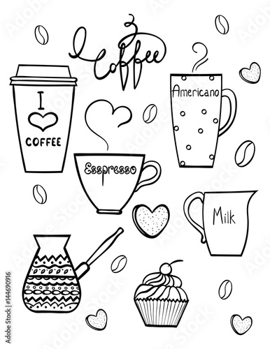 Hand drawn doodle coffee set.