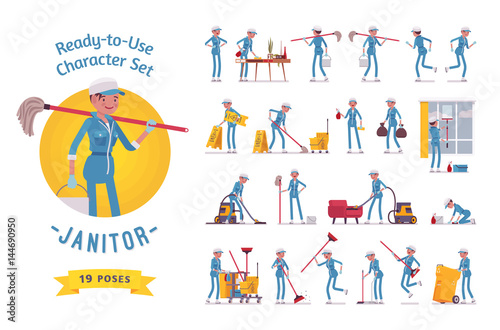 Ready-to-use female janitor character set, various poses and emotions