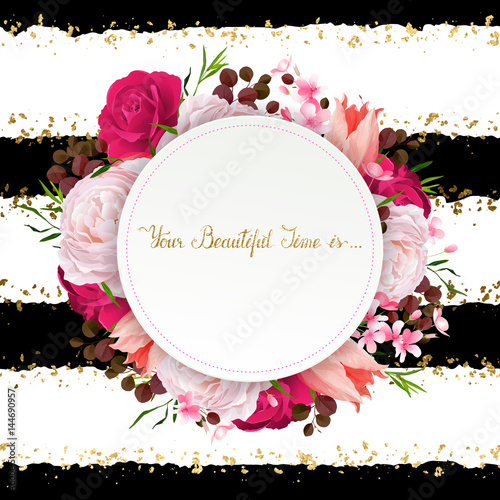 Elegance flowers frame of color roses and tulips. Composition with blossom flowers branches and lettering with round banner on the striped background.