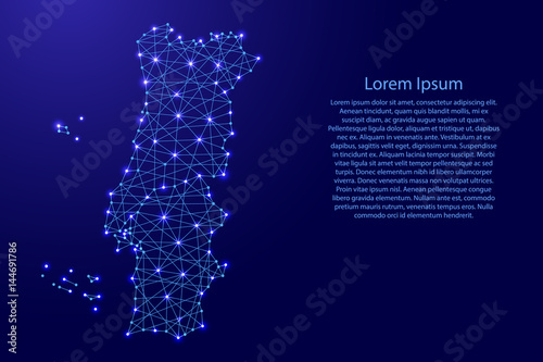 Fototapeta Map of Portugal from polygonal blue lines and glowing stars vector illustration