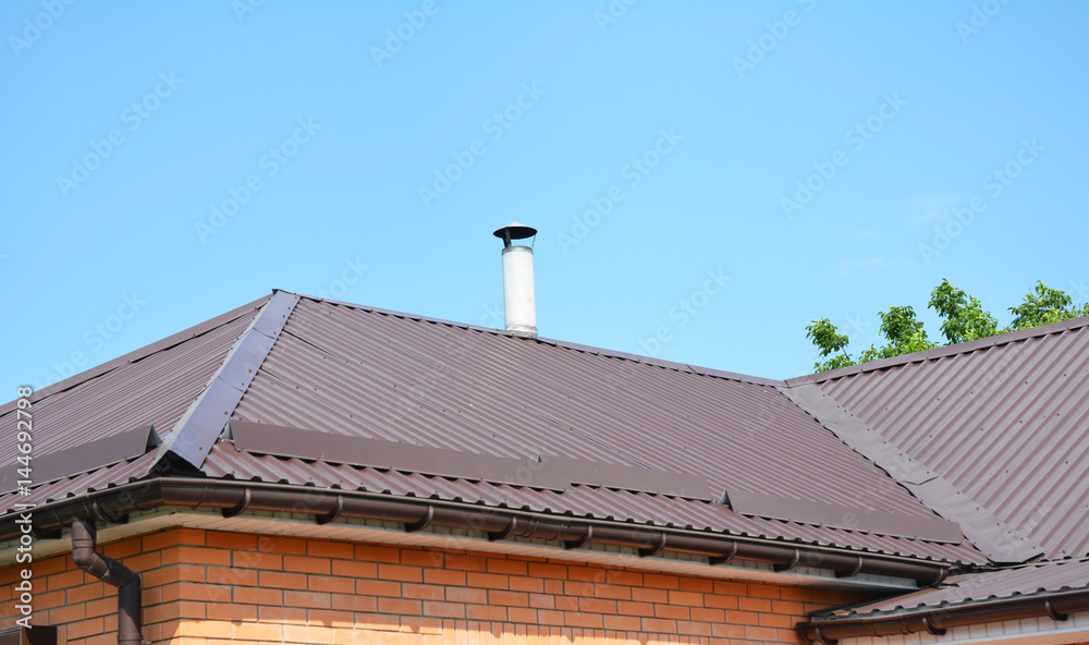 Metal roofing construction. Roof Repair with Rain Gutter and Problem Areas for House Metal Corner Roofing Construction Waterproofing.