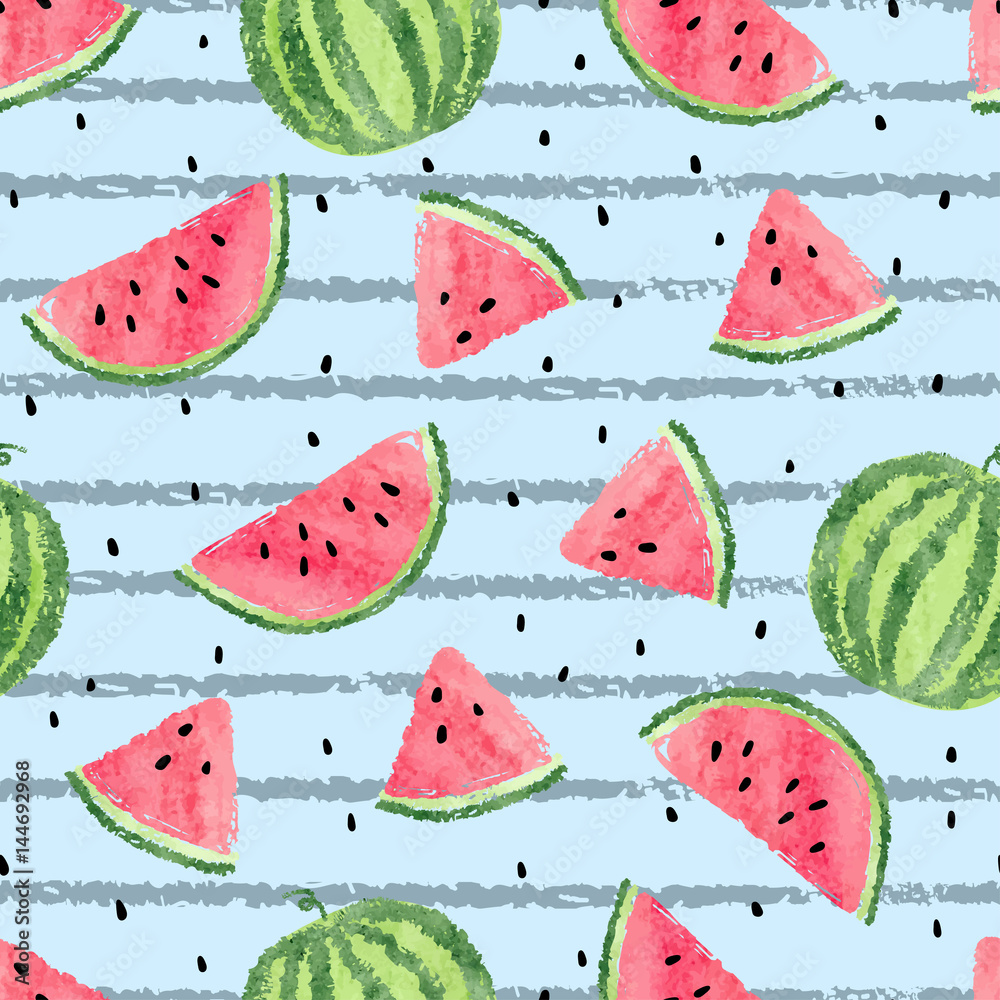 Seamless watermelon pattern. Vector striped summer background with watercolor watermelon slices. Seamless watermelon pattern. Vector striped summer background with watercolor watermelon slices.