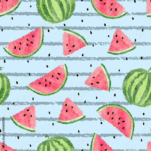 Seamless watermelon pattern. Vector striped summer background with watercolor watermelon slices.