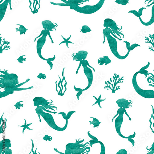 Seamless watercolor mermaid pattern. Vector marine background. 