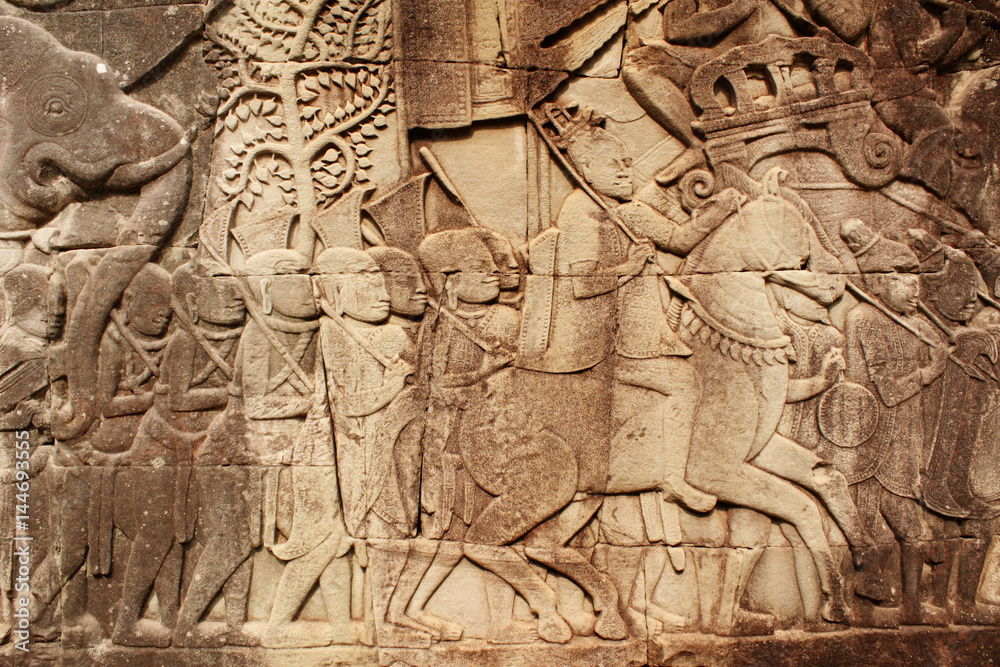 Wall carving of Prasat Bayon Temple, Angkor Wat complex, Siem Reap, Cambodia Wall carving of Prasat Bayon Temple, Angkor Wat complex, Siem Reap, Cambodia