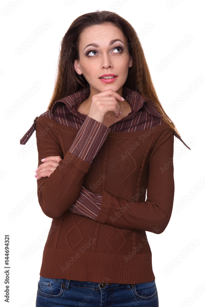 woman thinking and looking up with hand on chin. Isolated