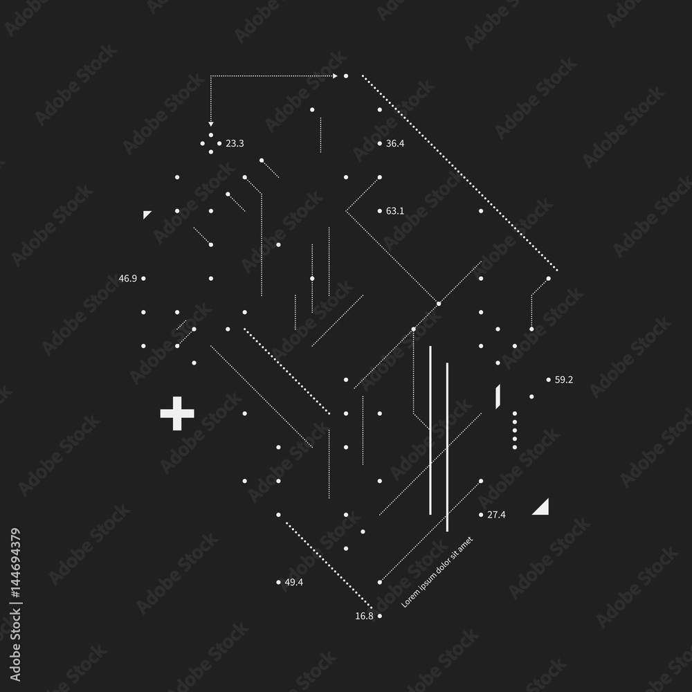 Complex design element in glitch style on black background. Useful for prints, posters and covers.