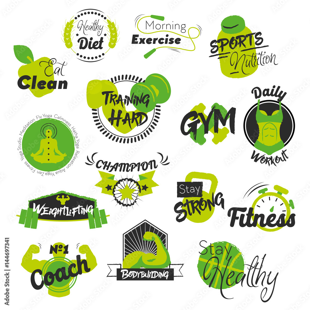 Fitness and Gym Hand Drawn Logos. Healthy Lifestyle. Vector illustration