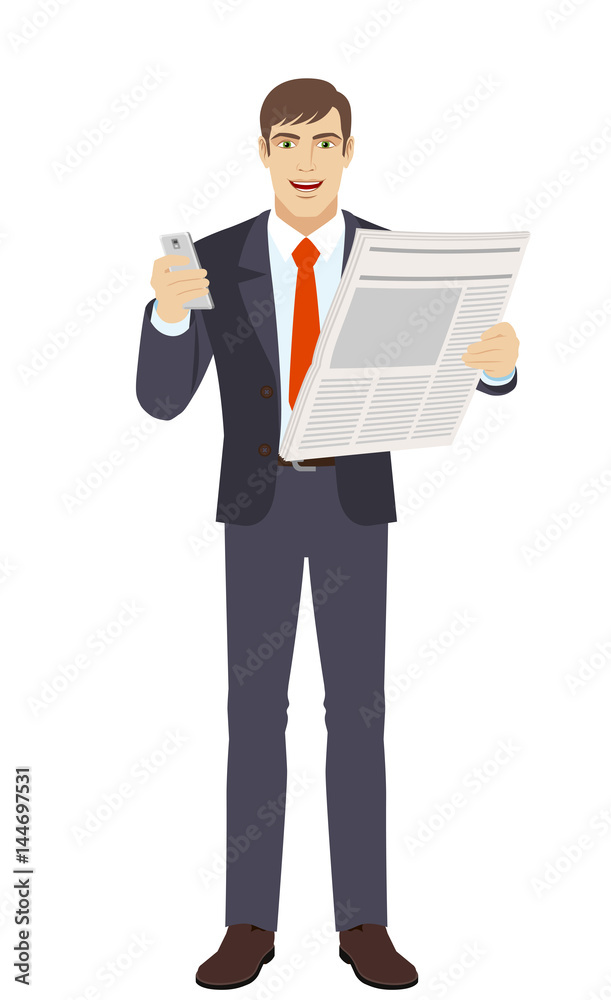Businessman with mobile phone and newspaper Businessman with mobile phone and newspaper