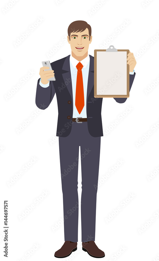 Businessman with mobile phone and clipboard Businessman with mobile phone and clipboard