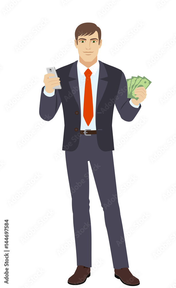 Businessman with mobile phone and cash money Businessman with mobile phone and cash money