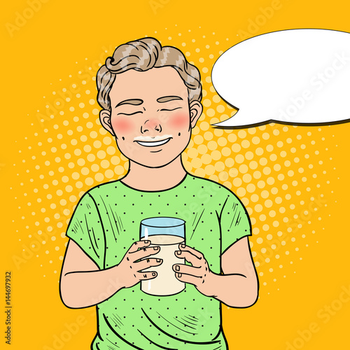Pop Art Cheerful Boy with Glass of Milk. Healthy Eating. Vector illustration