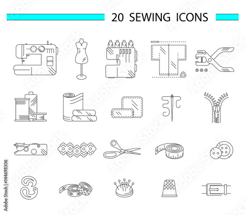 Sewing accessories and supplies line icon set. Sewing machine, overlock, needle, thread, centimeter tape, buttons, lace, scissors, fabric, hole punch. Vector illustration.