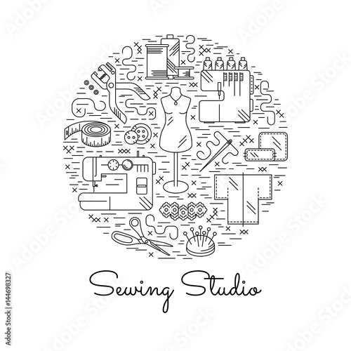 Circle collage with sewing icons. Accessories and supplies for tailor studio. Vector illustration.