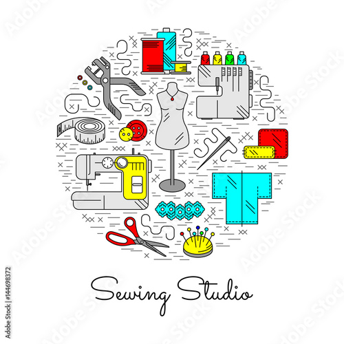 Colorful circle collage with sewing icons. Accessories and supplies for tailor studio. Vector illustration.