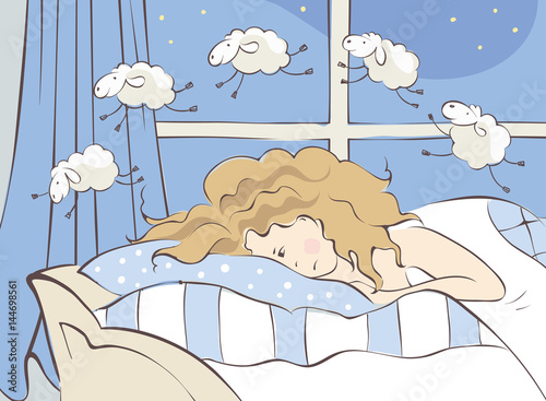 Insomnia / Girl can not fall asleep and considers sheep, vector illustration