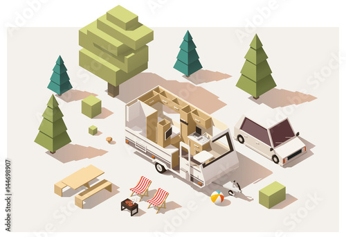 Vector isometric low poly camping equipment