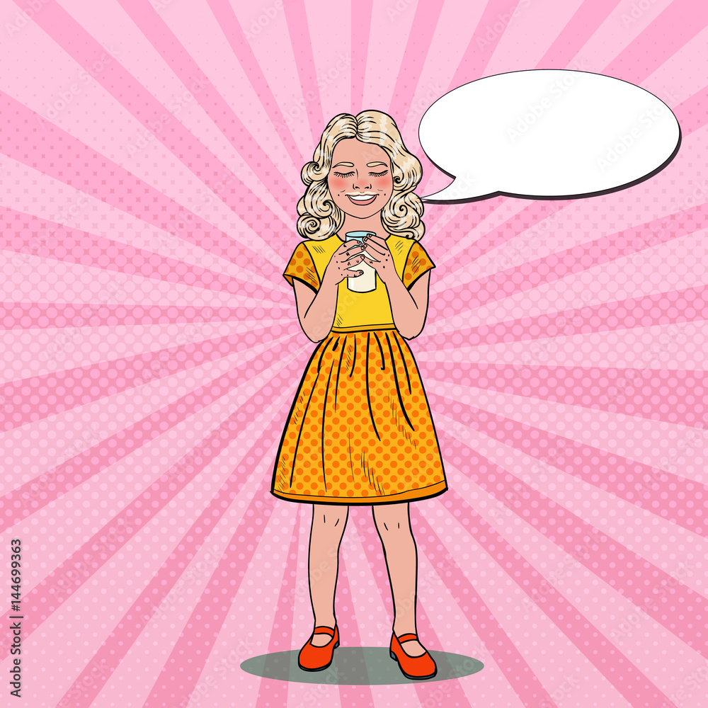 Pop Art Smiling Girl Drinking Milk. Healthy Eating. Vector illustration Pop Art Smiling Girl Drinking Milk. Healthy Eating. Vector illustration
