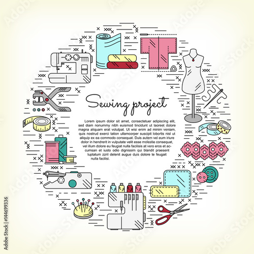 Circle collage with sewing icons. Place for text in centre. Accessories and supplies for tailor studio or project. For logo, advertising, signboard or cover. Vector illustration.