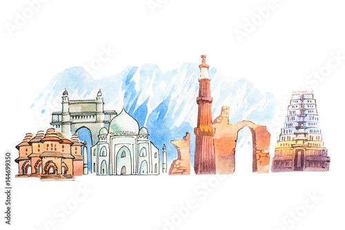 Famous Indian landmarks travel and tourism waercolor illustration
