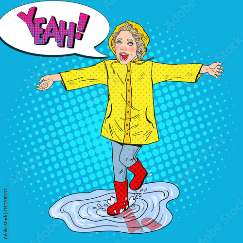 Happy Girl Running in Puddles after Spring Rain. Vector retro illustration