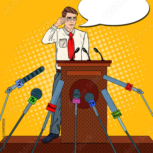 Pop Art Man Giving Press Conference. Mass Media Interview. Vector illustration