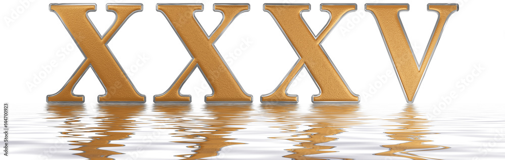 Roman numeral XXXV, quinque et triginta, 35, thirty five, reflected on