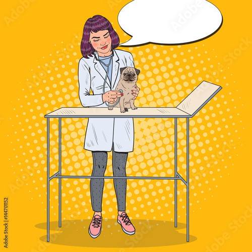 Woman Vet Examining Pug Dog. Pet Care. Pop Art vector illustration