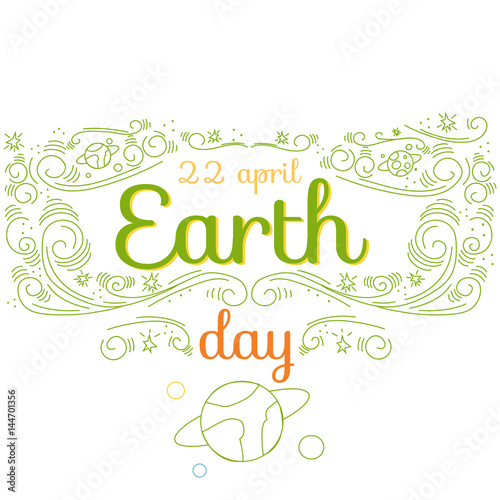 Earth Day hand drawn lettering card, modern linear style.