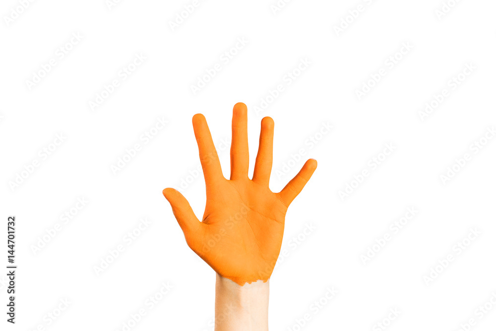 Close up of child hand painted with orange color, on isolated white background. Close up of child hand painted with orange color, on isolated white background.