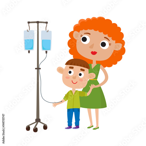 Vector illustration mother with her sick little son isolated on 