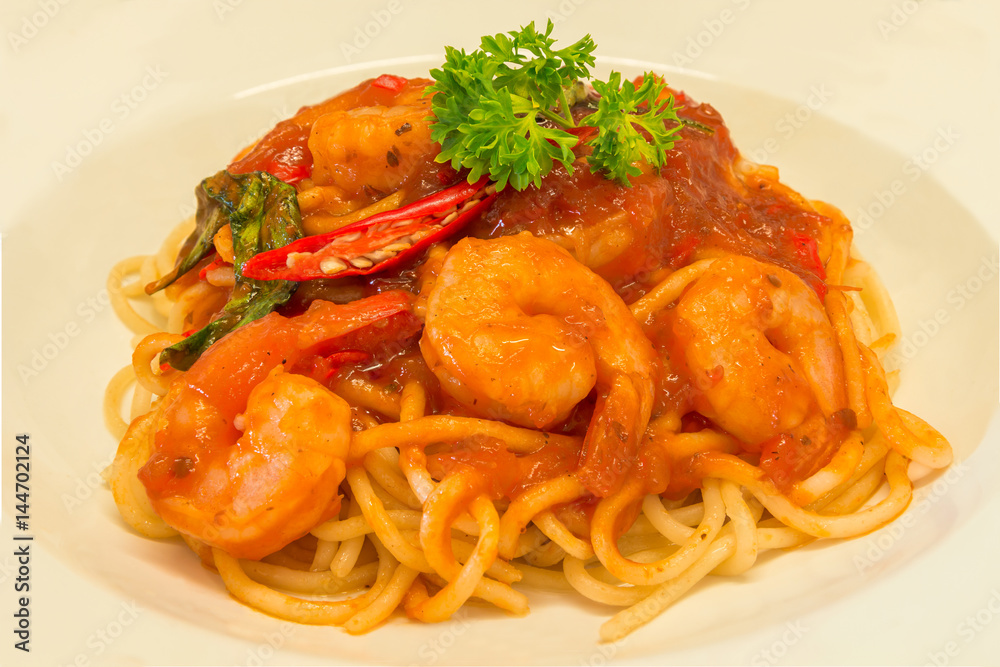 Closeup Gourmet Shrimps with Spaghetti Pasta and spicy Closeup Gourmet Shrimps with Spaghetti Pasta and spicy
